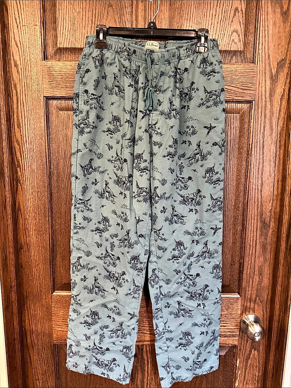 L.L.Bean Men's Wicked Cozy Flannel Sleep Pant Green & Gray Bird Dog Print Medium